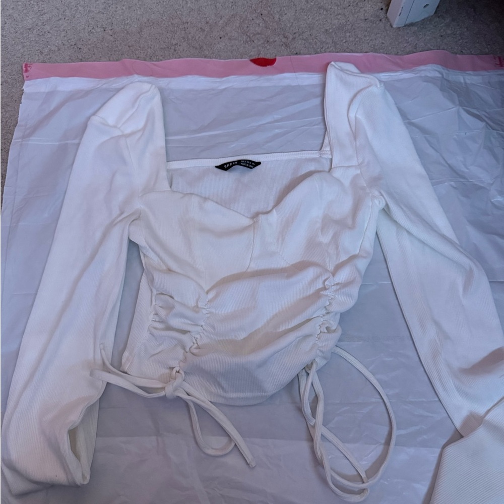 SHEIN Cream Ruched Tie Front Long Sleeve Blouse